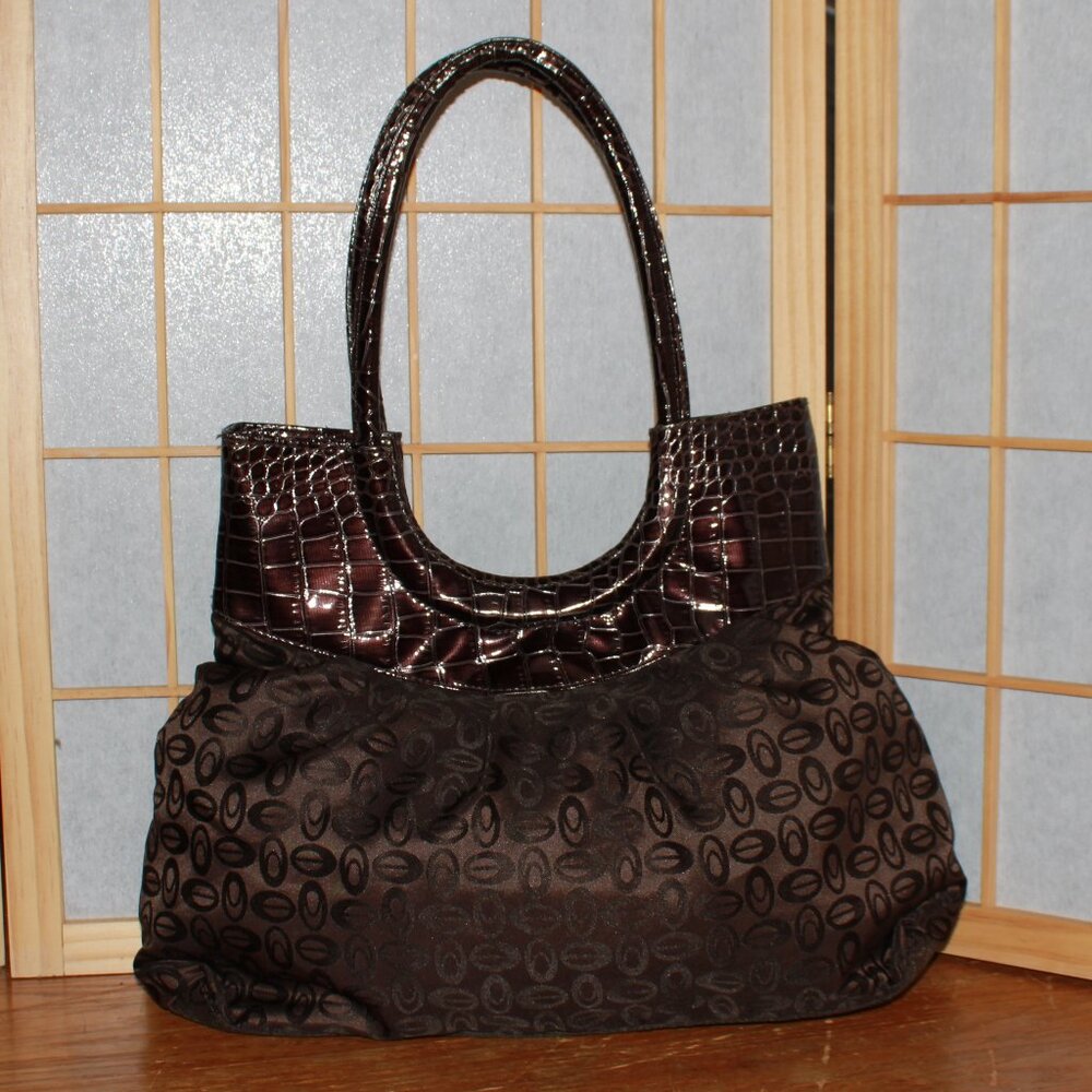 Unknown Brand Coffee Bean Print Fabric & Faux Reptile Skin Shoulder Bag